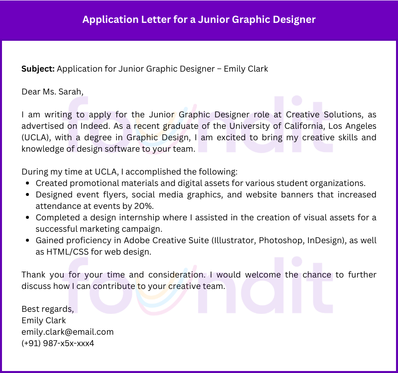 Sample Application Letter for Junior Graphic Designer (Entry-Level)