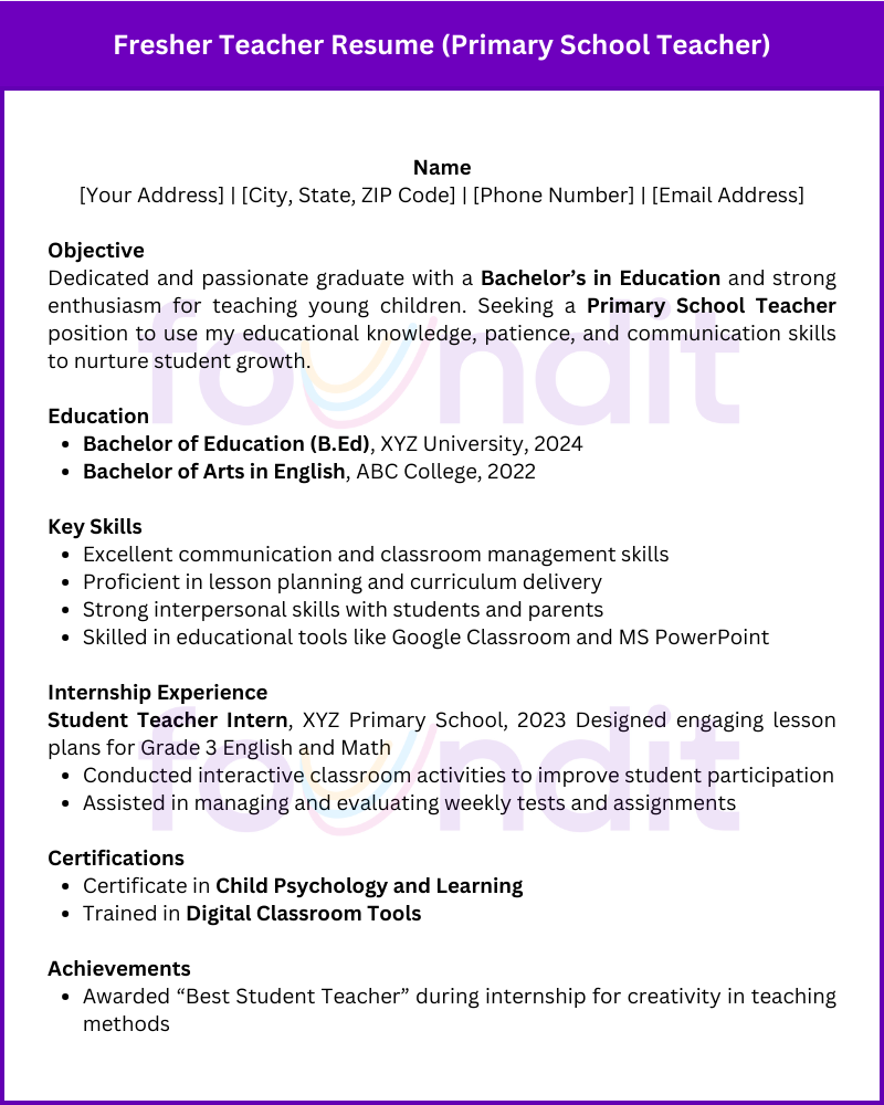 Sample fresher teacher resume for primary school teacher