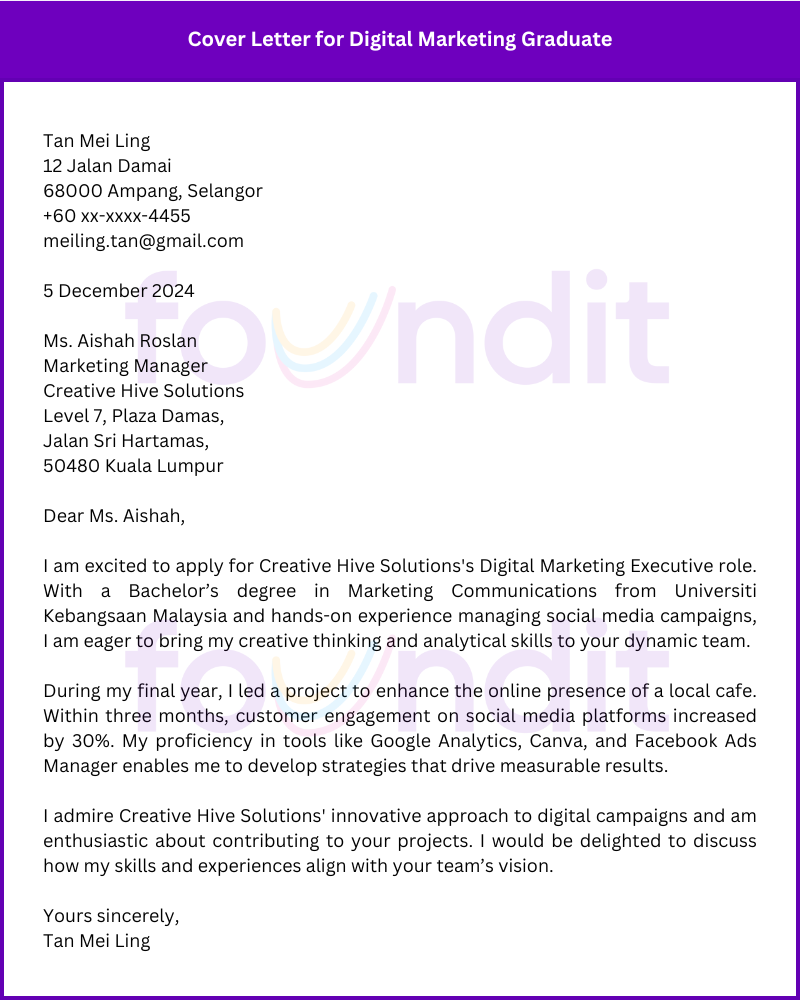 Cover letter example for digital marketing graduate