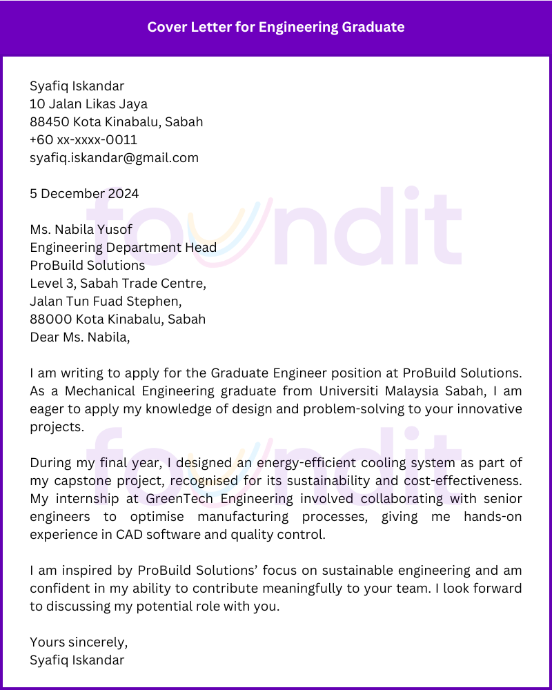 Cover letter example for engineering graduate