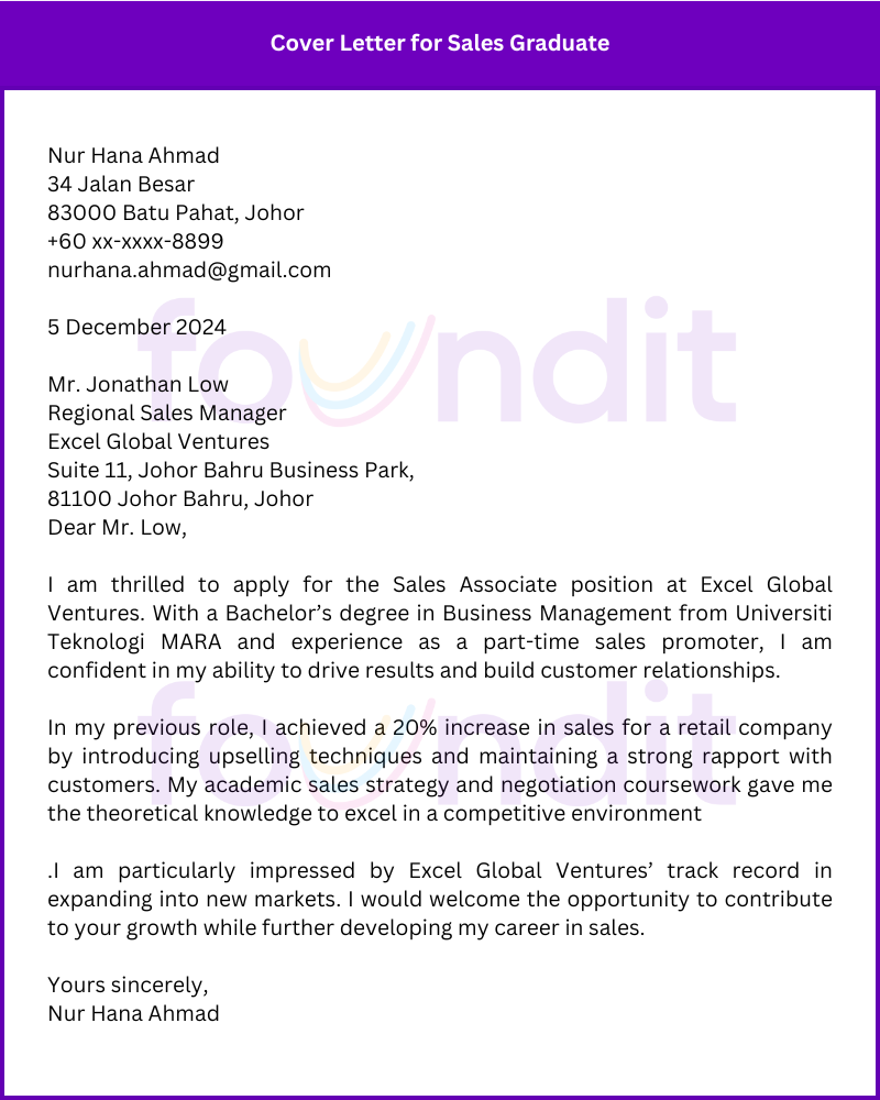 Cover letter example for sales graduate