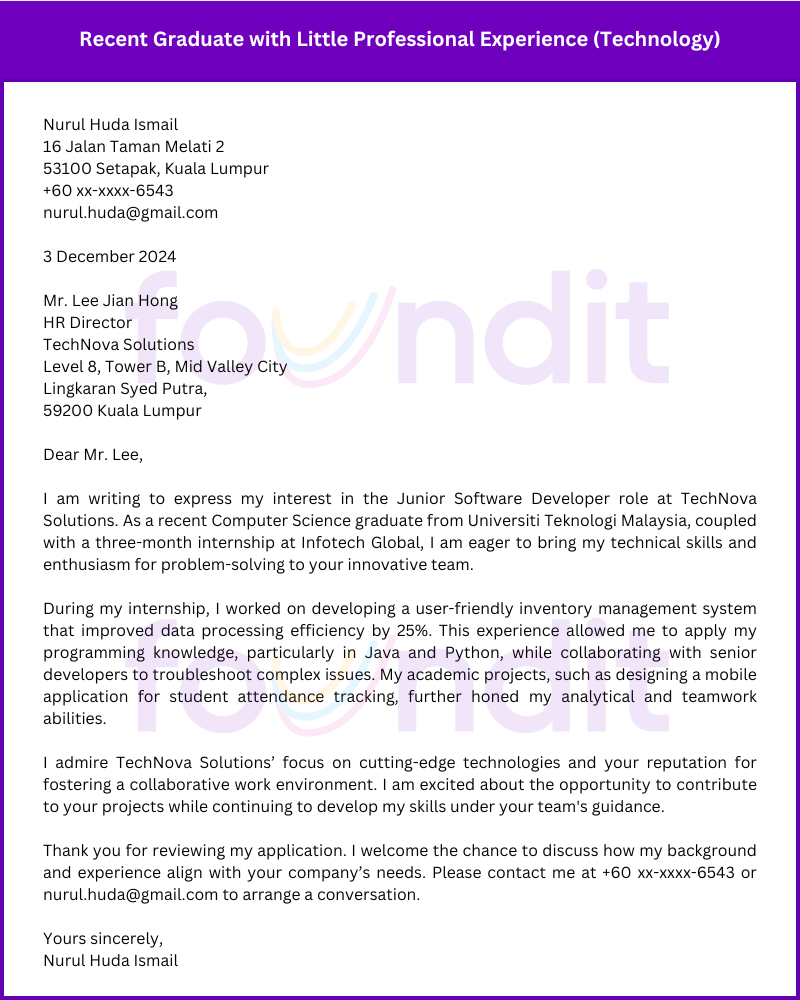 Cover letter example for recent graduate with little professional experience (Technology)