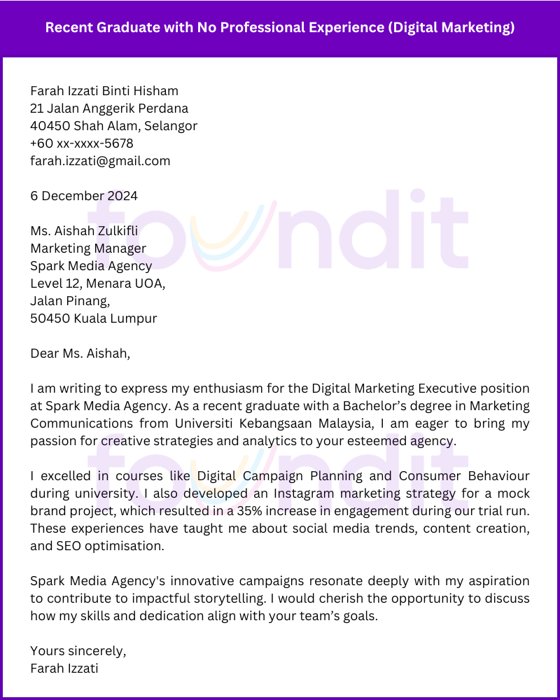 Cover letter example for recent graduate with No professional experience (Digital Marketing)